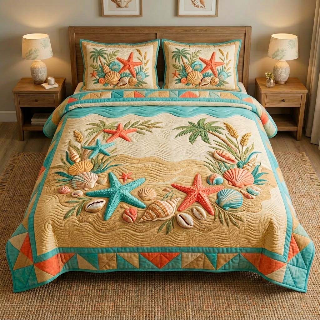 Seaside Shell Dream 3-Piece Quilted Bedding Set GFTOHD14884