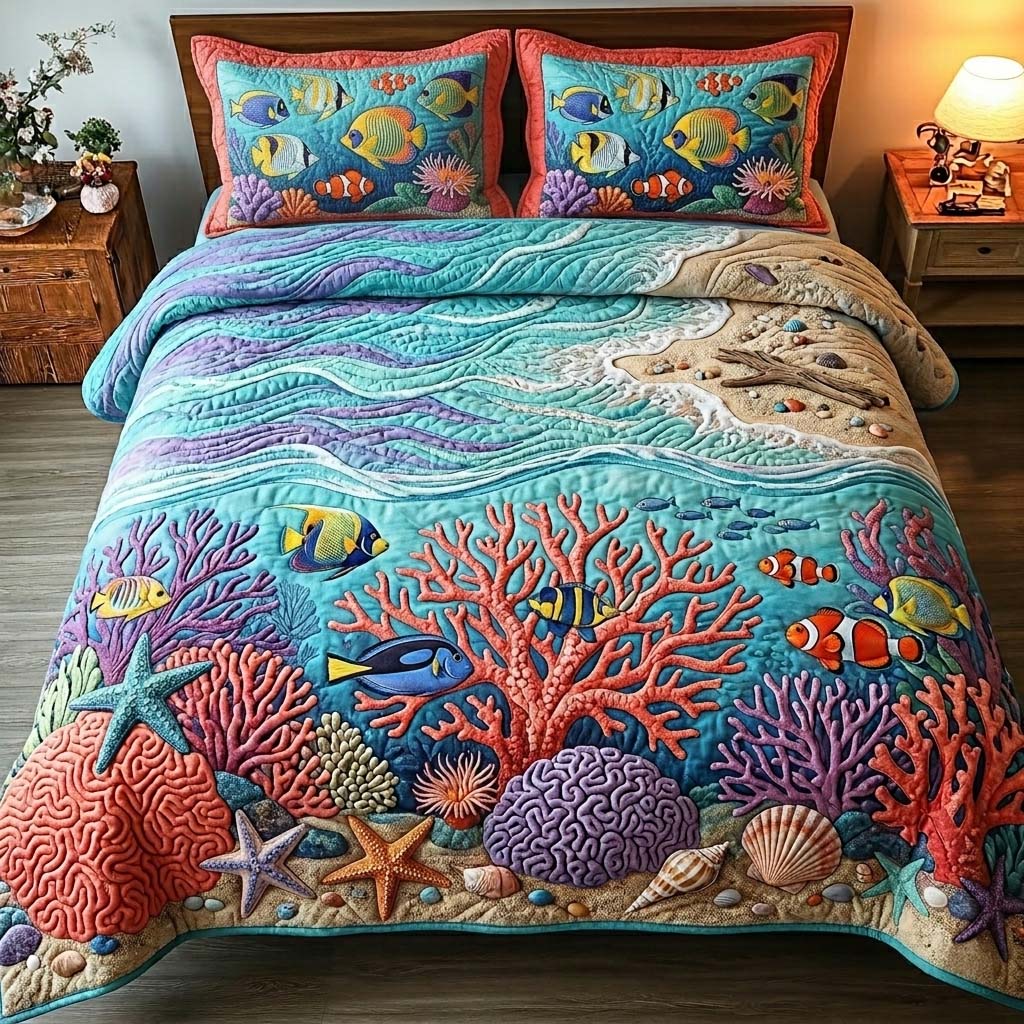 Coral Reef Bliss 3-Piece Quilted Bedding Set GFTOHD14885
