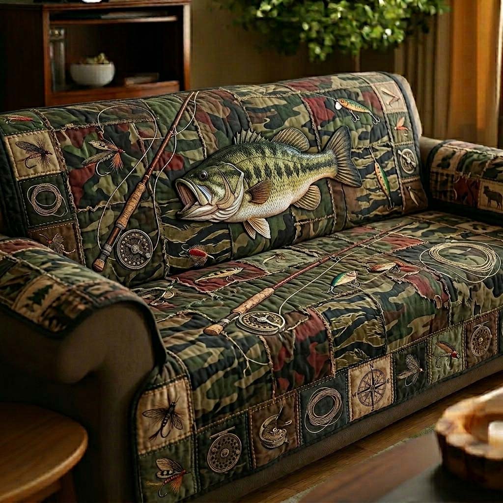 Camo Bass Hunter Quilted Sofa Cover GFTOHD15011