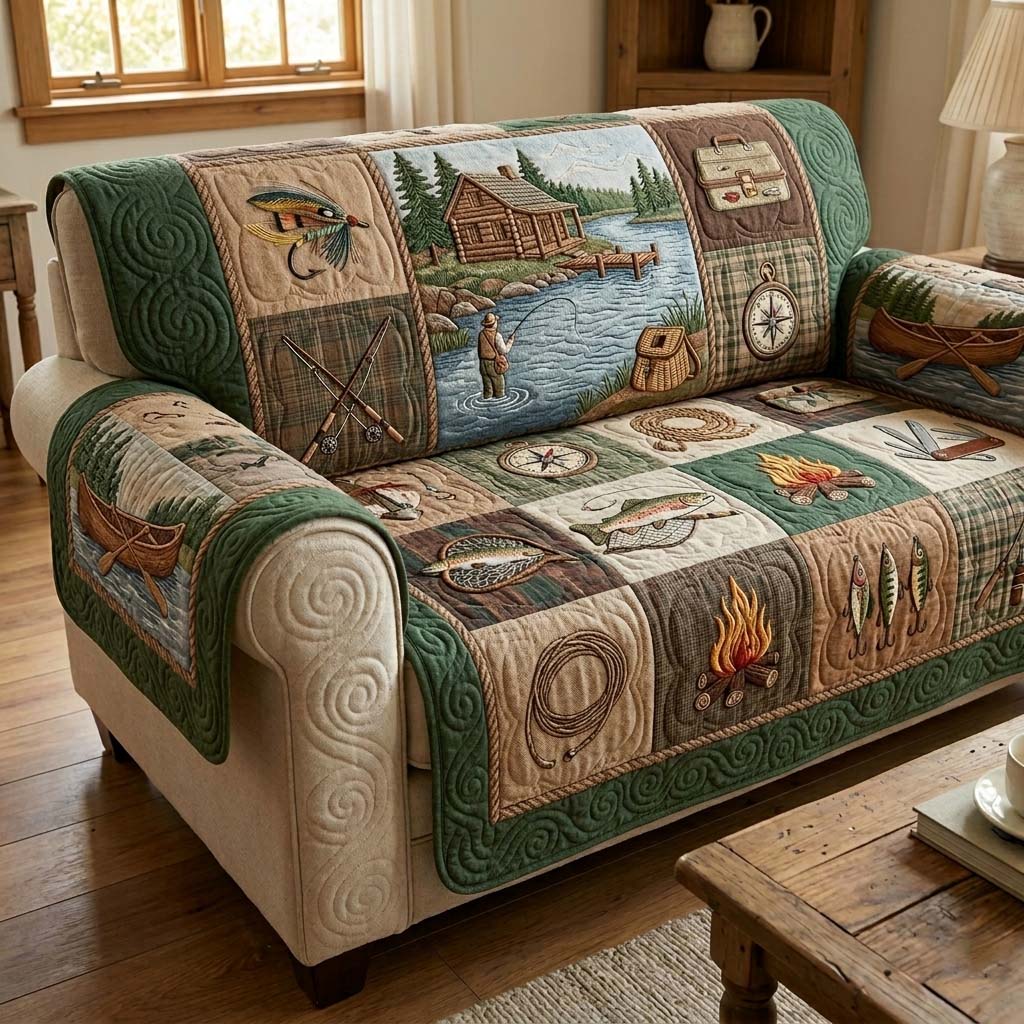 Cozy Cabin Fishing Quilted Sofa Cover GFTOHD15012