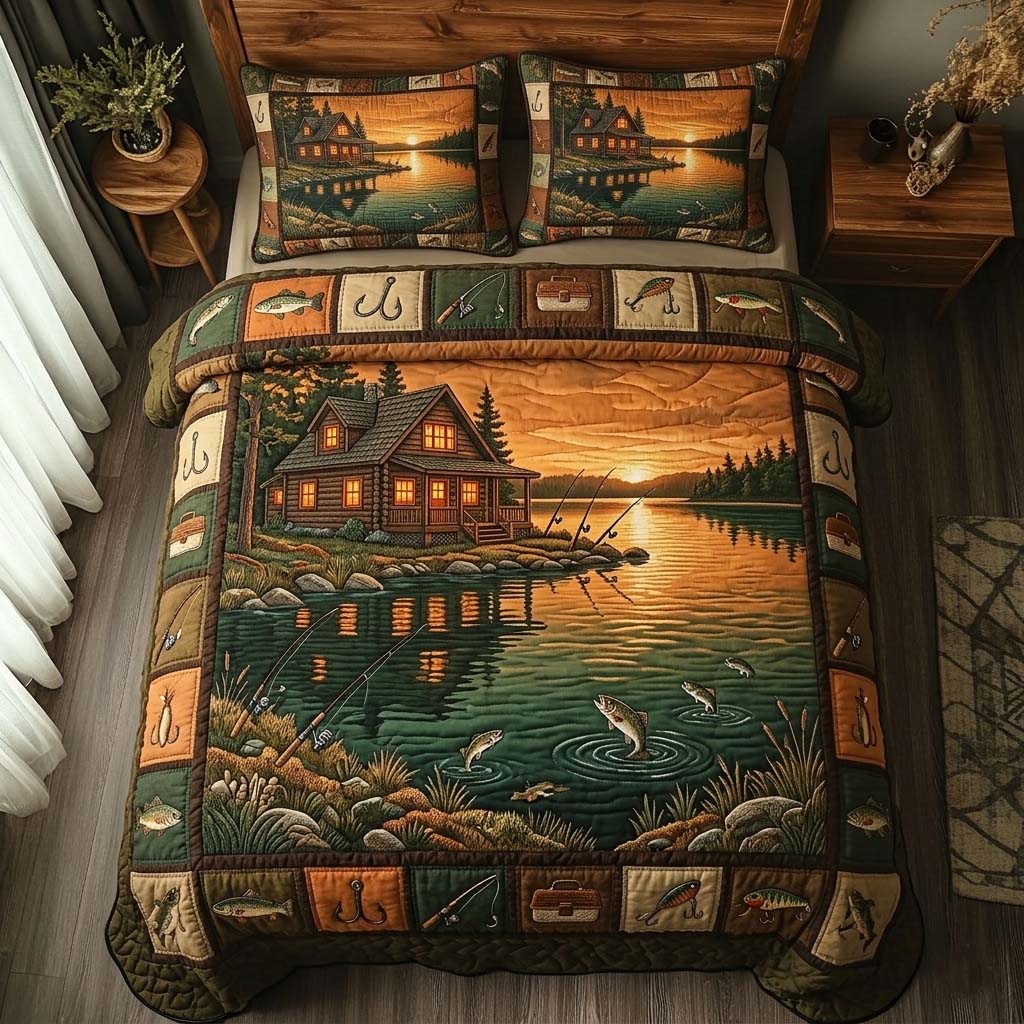 Sunset Fishing Cabin 3-Piece Quilted Bedding Set GFTOHD15057