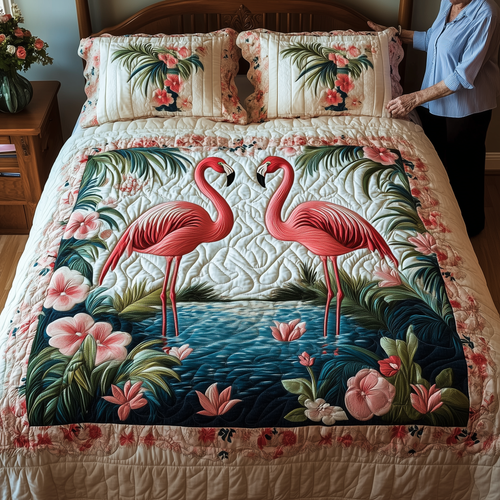 Tropical Flamingo Haven 3-Piece Quilted Bedding Set GFTOHD1876