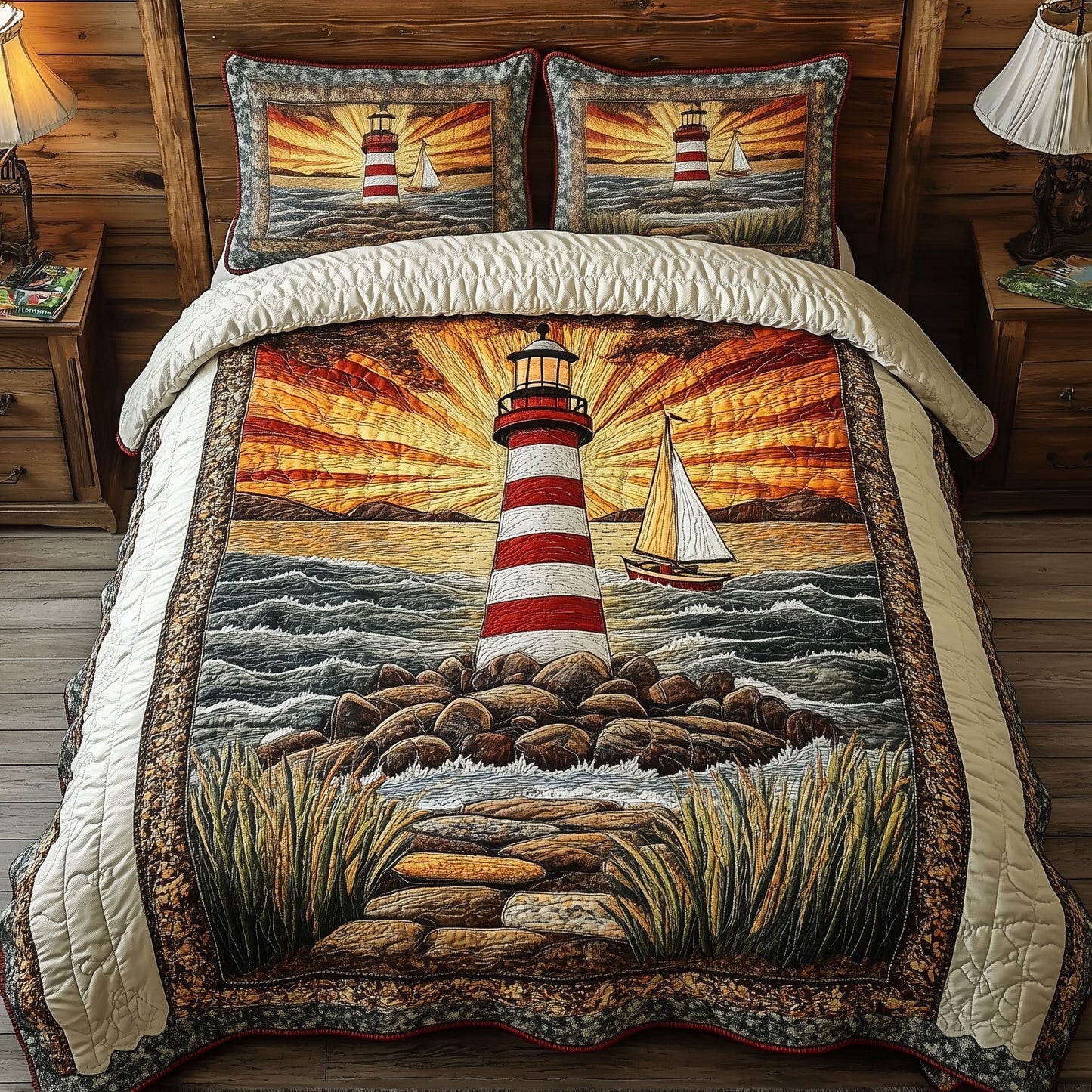 Lighthouse in the Sunburst 3-Piece Quilted Bedding Set GFTOHD3201