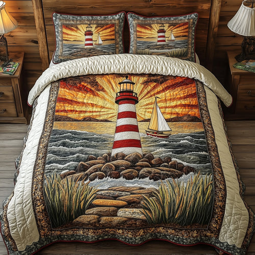 Lighthouse in the Sunburst 3-Piece Quilted Bedding Set GFTOHD3201