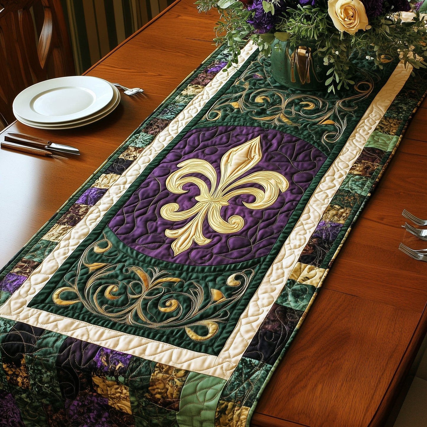 Festive Fleur de lis Quilted Table Runner GFTOHD3556