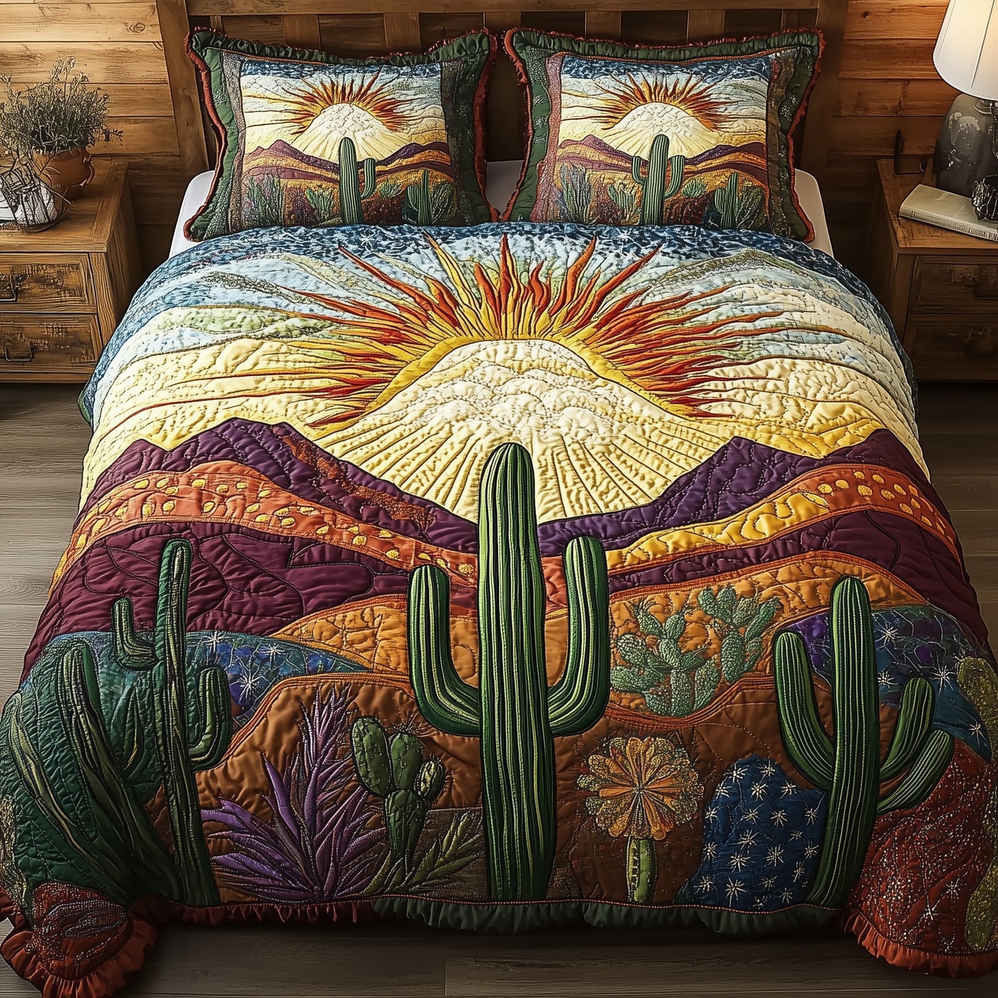 Cactus Sunburst Sky 3-Piece Quilted Bedding Set GFTOHD4159