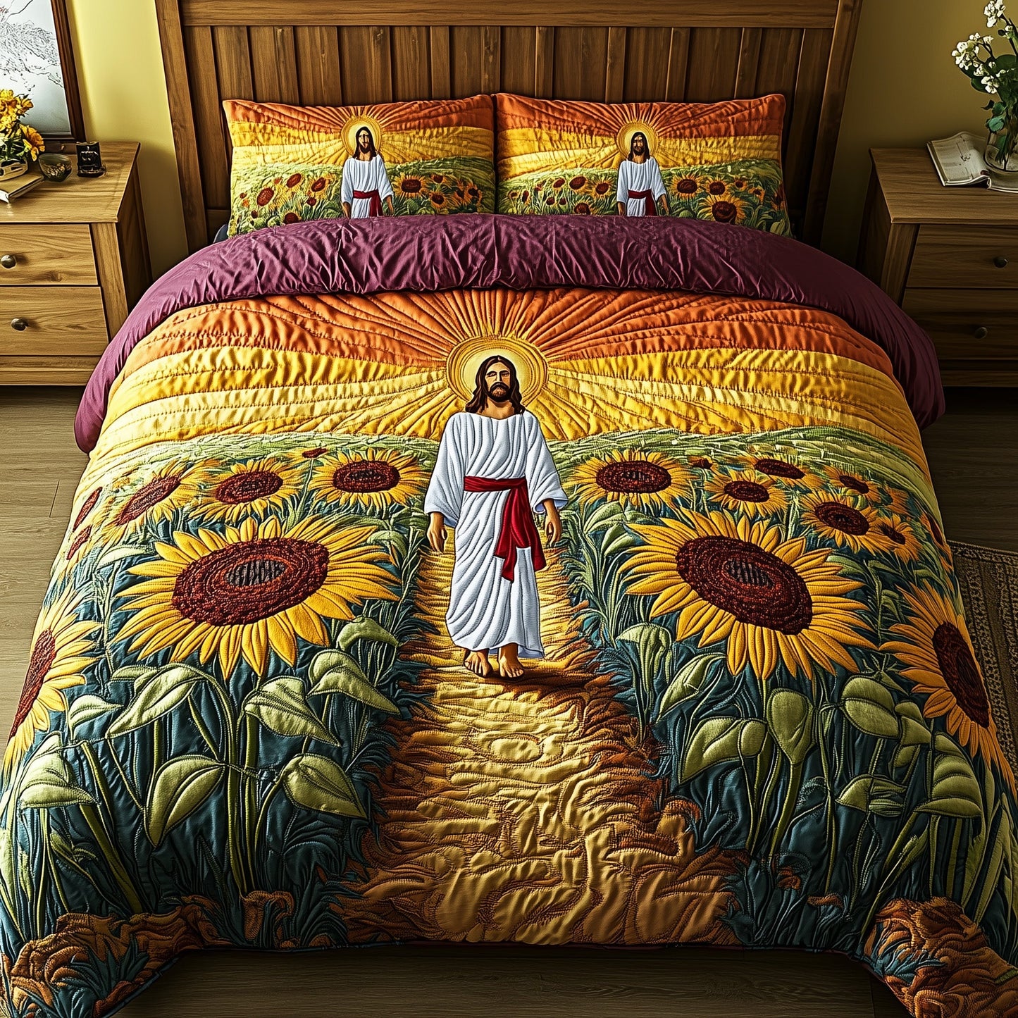 Jesus Among the Sunflowers 3-Piece Quilted Bedding Set GFTOHD4849