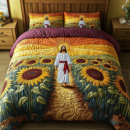 Jesus Among the Sunflowers 3-Piece Quilted Bedding Set GFTOHD4849