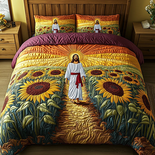 Jesus Among the Sunflowers 3-Piece Quilted Bedding Set GFTOHD4849
