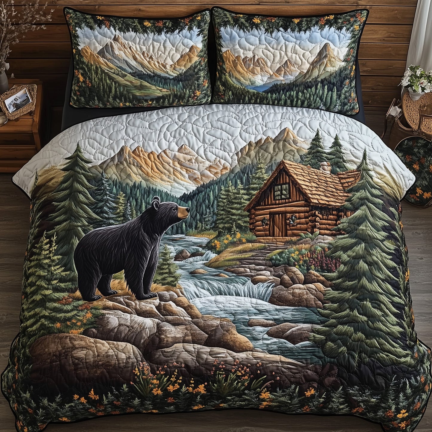 Bear and Cabin 3-Piece Quilted Bedding Set GFTOHD5402