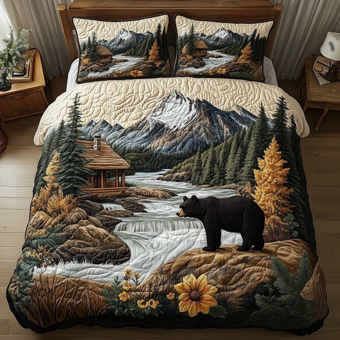 Bear and Cabin 3-Piece Quilted Bedding Set GFTOHD5403
