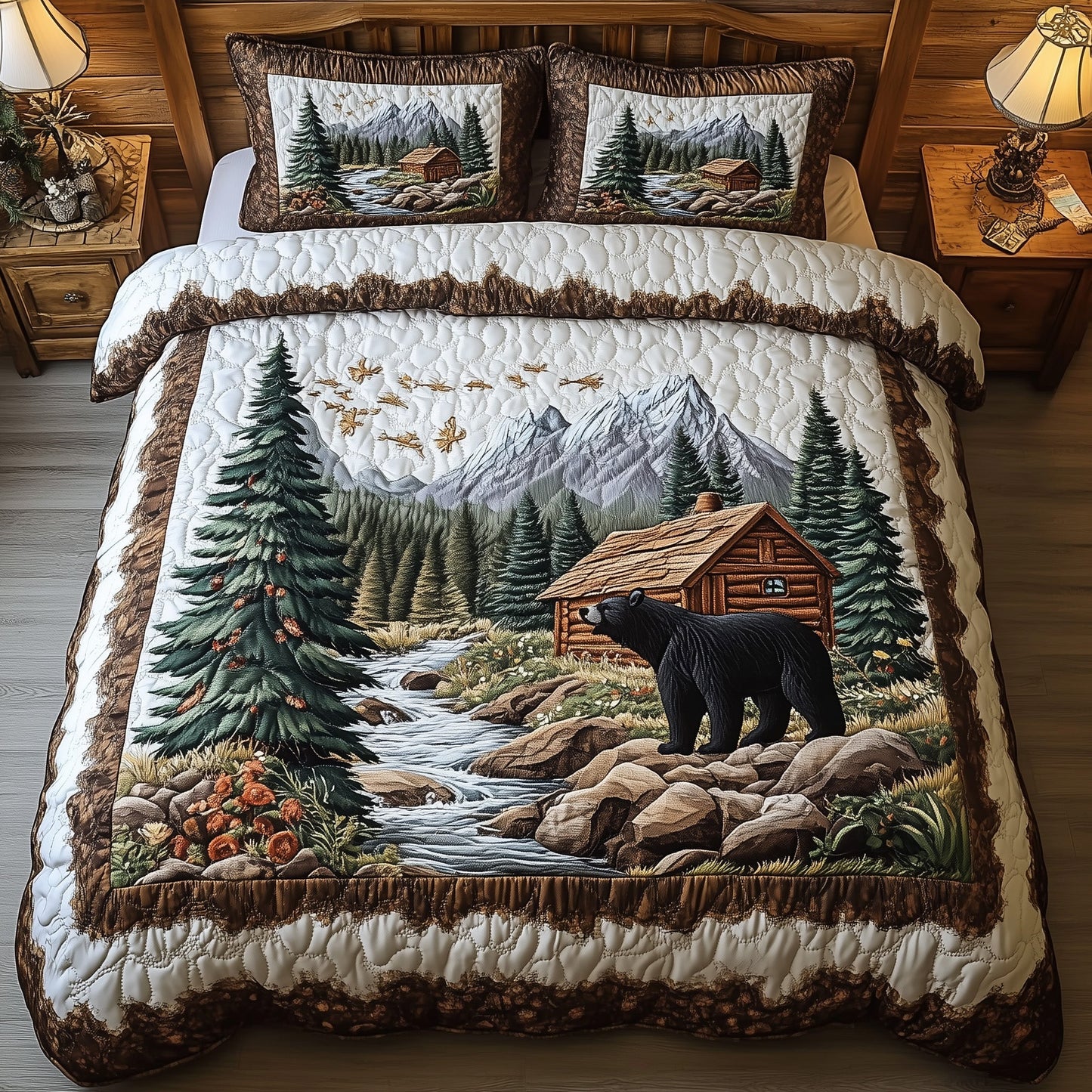 Bear and Cabin 3-Piece Quilted Bedding Set GFTOHD5404