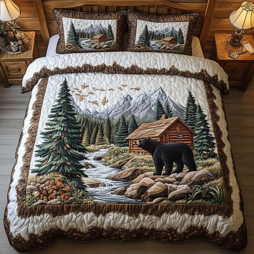 Bear and Cabin 3-Piece Quilted Bedding Set GFTOHD5404