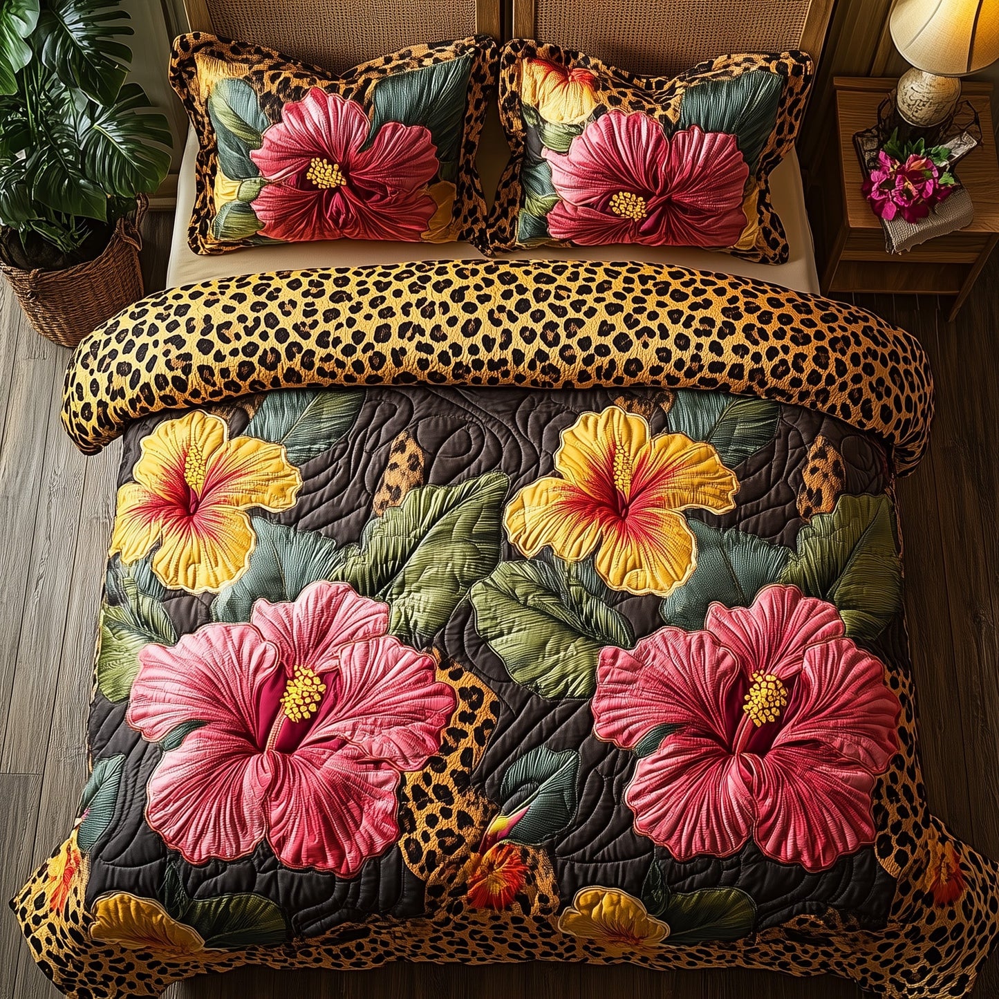 Leopard Hibiscus Heaven 3-Piece Quilted Bedding Set GFTOHD5796