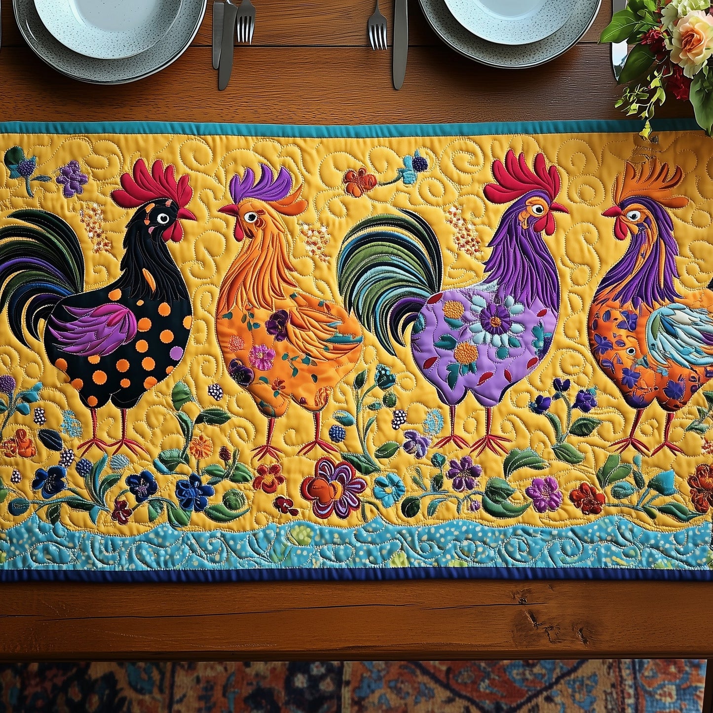 Sunshine Roosterscape Quilted Table Runner GFTOHD5989