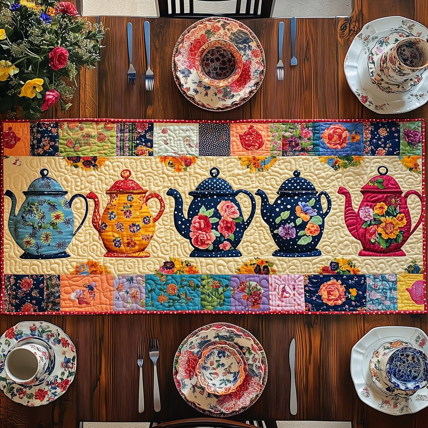 The Teapot Parade Quilted Table Runner GFTOHD6198