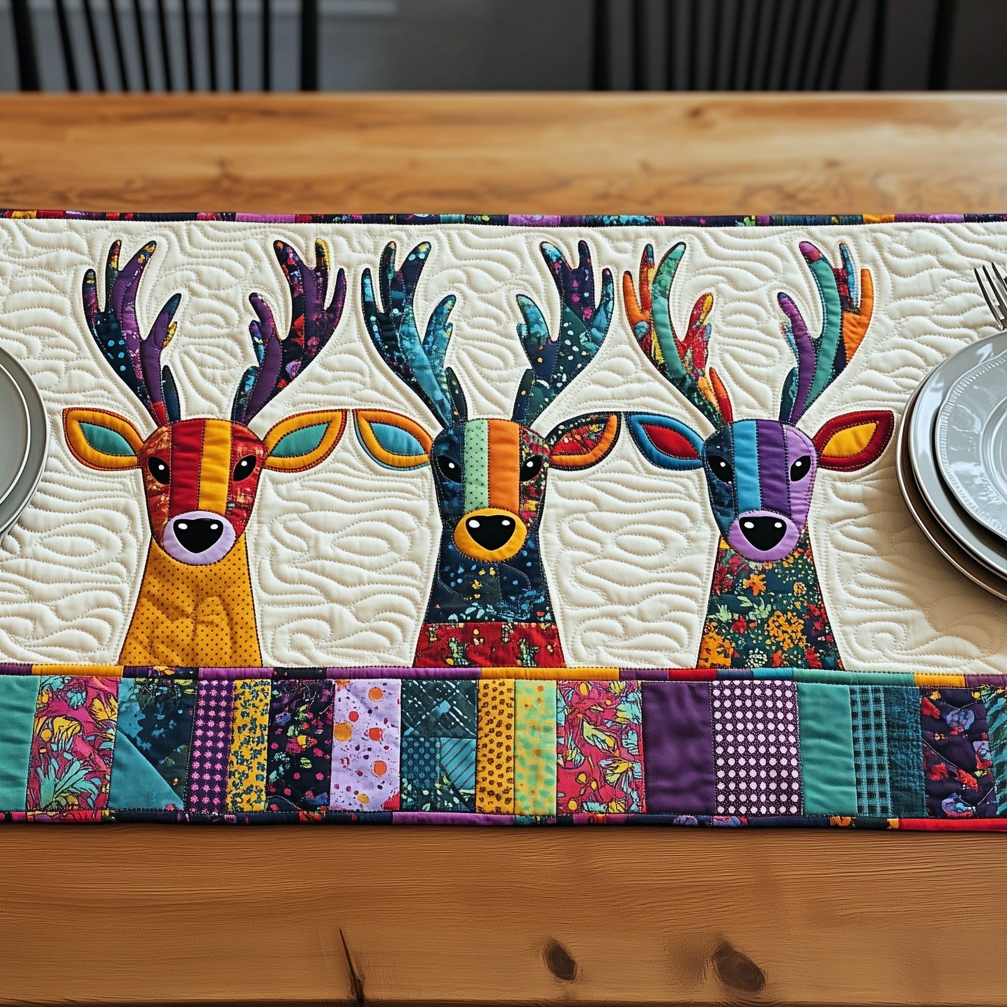 Vibrant Deer Patchwork Quilted Table Runner GFTOHD6487