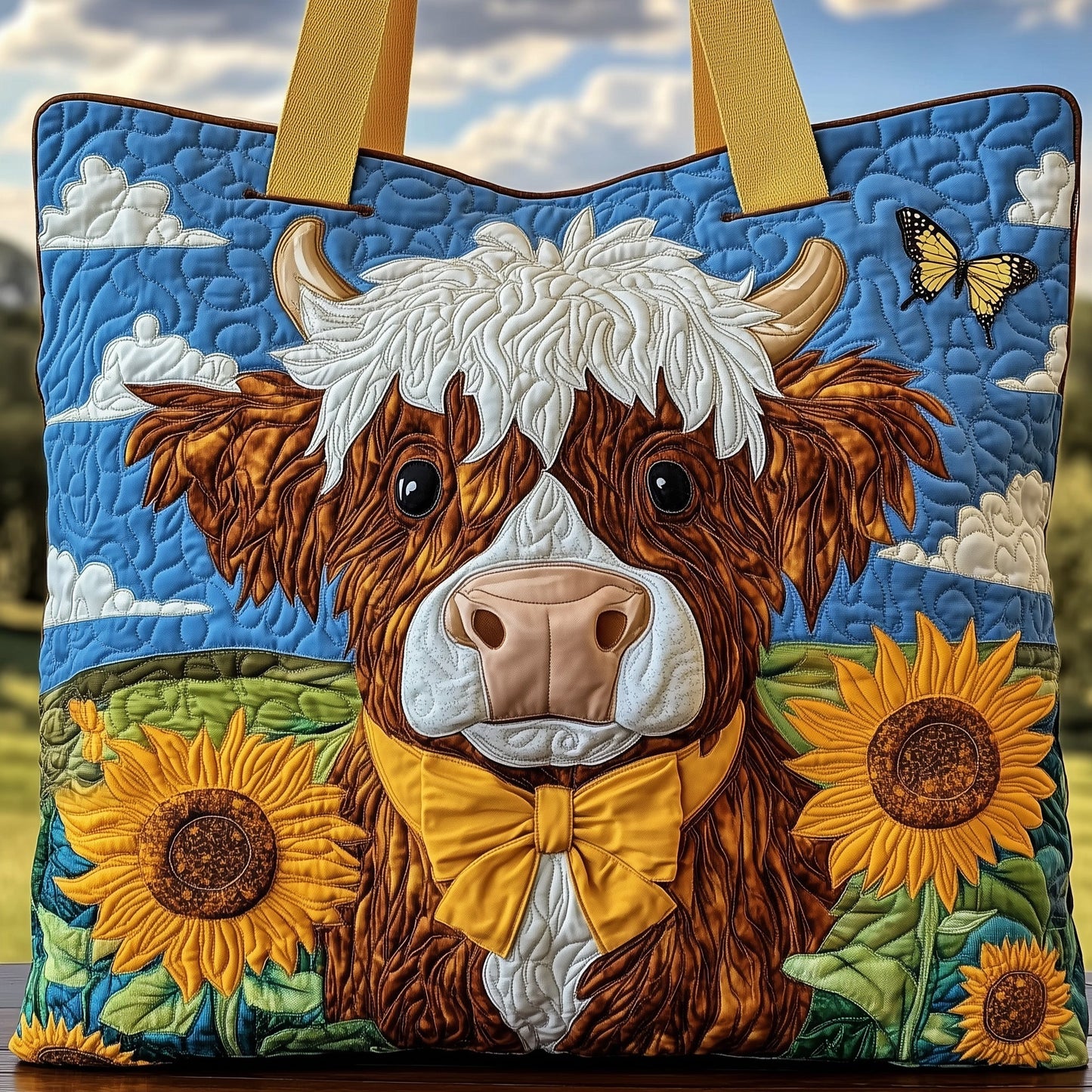 Sunflower Highland Cow Quilted Tote Bag GFTOHD8127