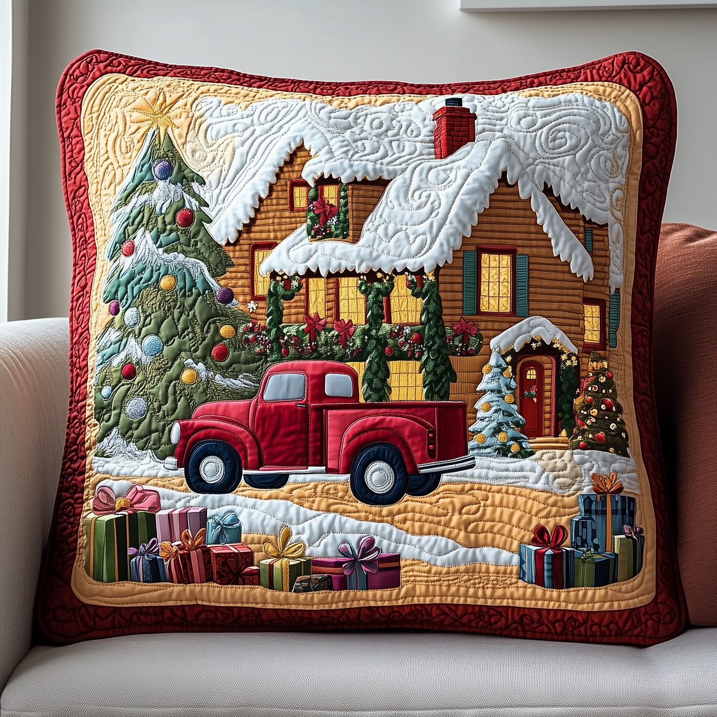 Peaceful Snow Cabin Quilted Pillow Case GFTOHD912
