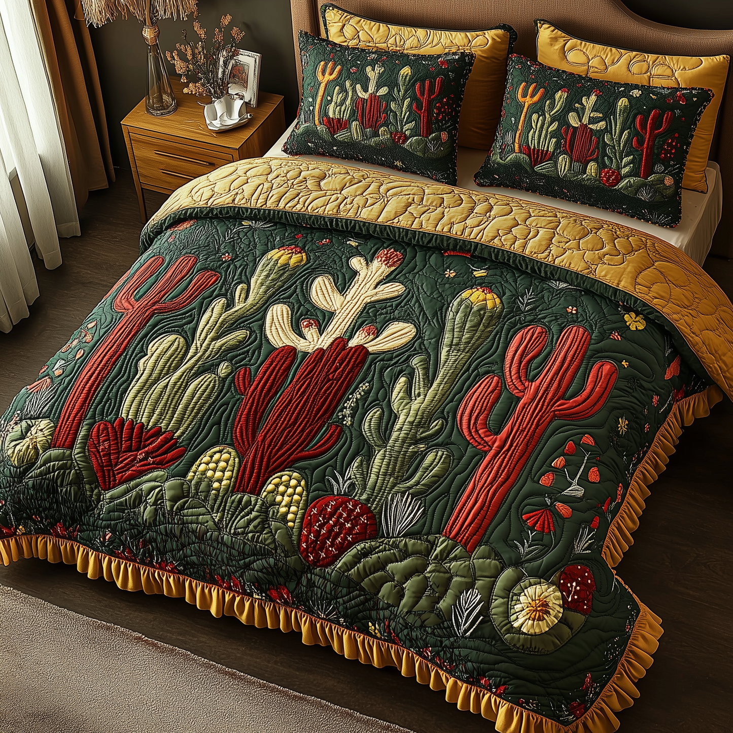 Festive Cactus 3-Piece Quilted Bedding Set GFTOHD964
