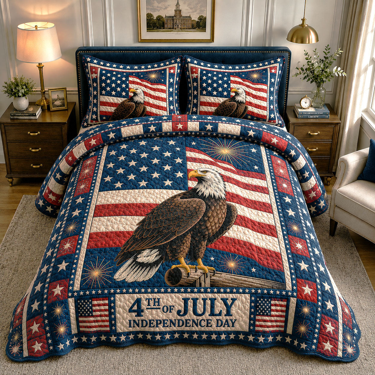 Bald Eagle 4th of July 3-Piece Quilted Bedding Set GFTOHNL03