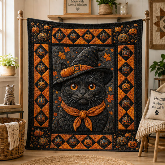 Witch Hat Black Cat Pumpkin Patch Quilted Blanket GFTOHNL1007