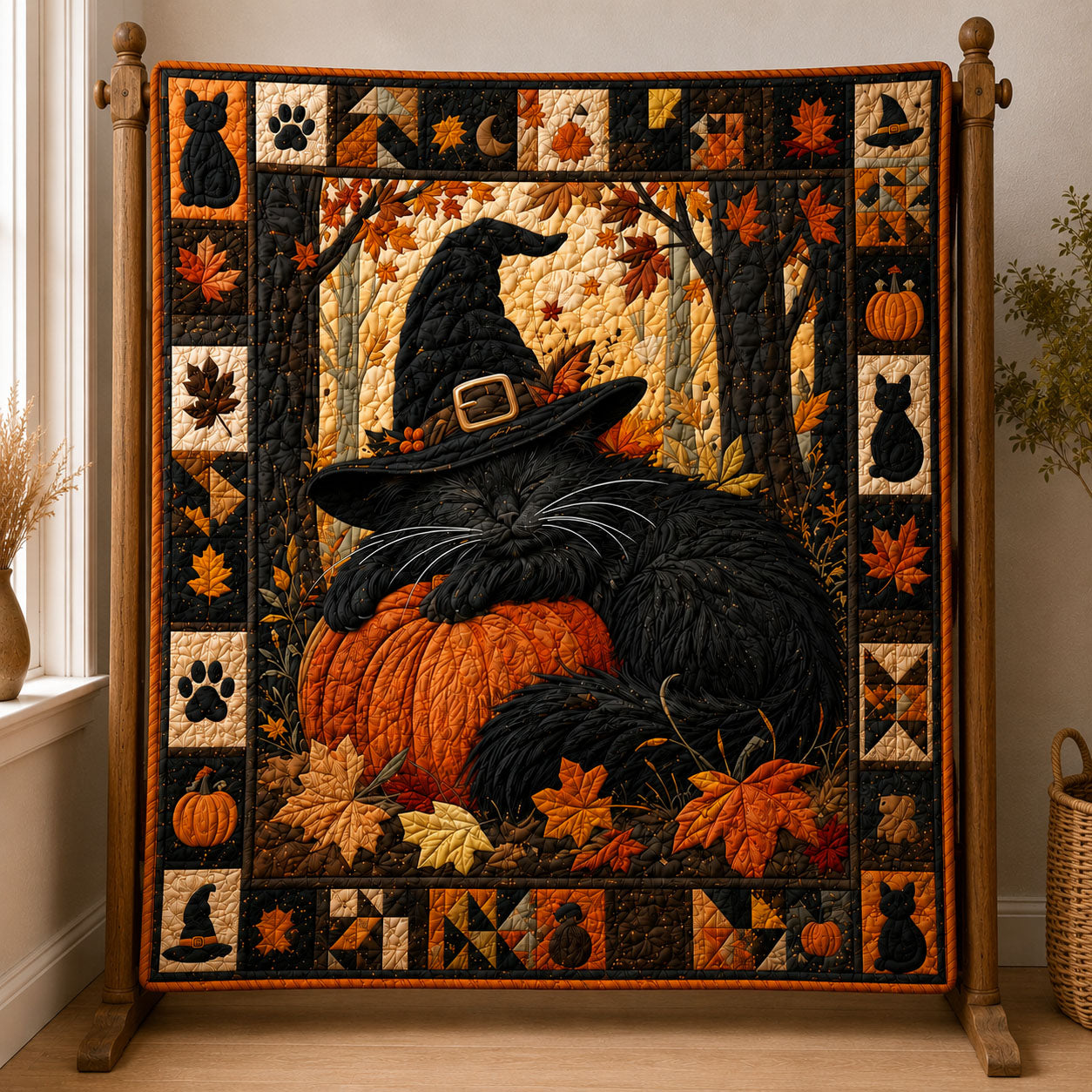 Sleeping Witch Cat Autumn Pumpkin Quilted Blanket GFTOHNL1009