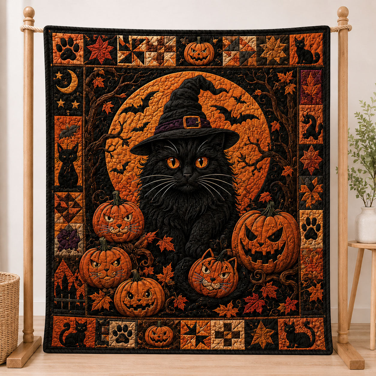 Harvest Moon Witch Cat Halloween Quilted Blanket GFTOHNL1010