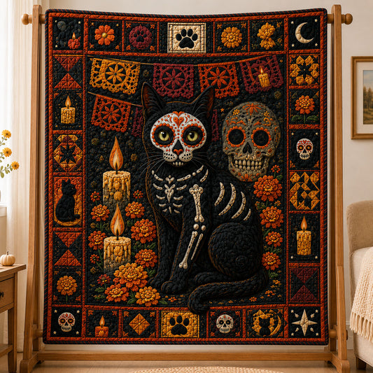 Sugar Skull Skeleton Cat Halloween Quilted Blanket GFTOHNL1011