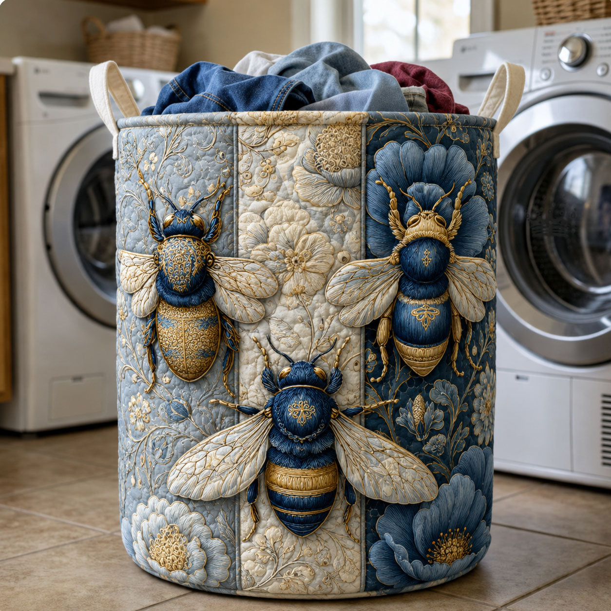 Blue Gold Bee Garden Quilted Laundry Basket GFTOHNL1067
