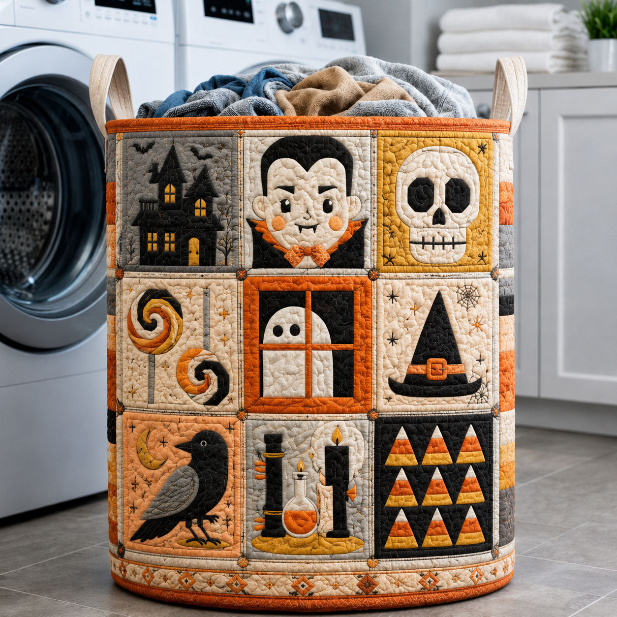 Retro Halloween Quilt Block Quilted Laundry Basket GFTOHNL1099