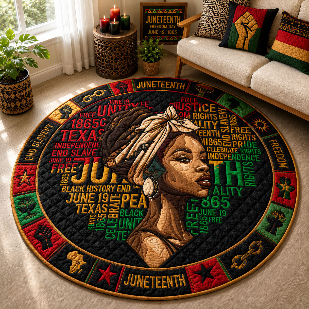 African American Woman Honoring Juneteenth Quilted Round Mat GFTOHNL110
