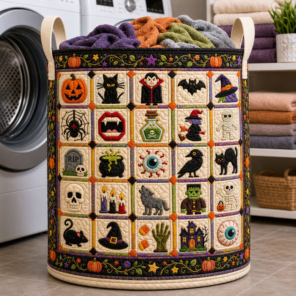 Halloween Character Sampler Patchwork Quilted Laundry Basket GFTOHNL1100