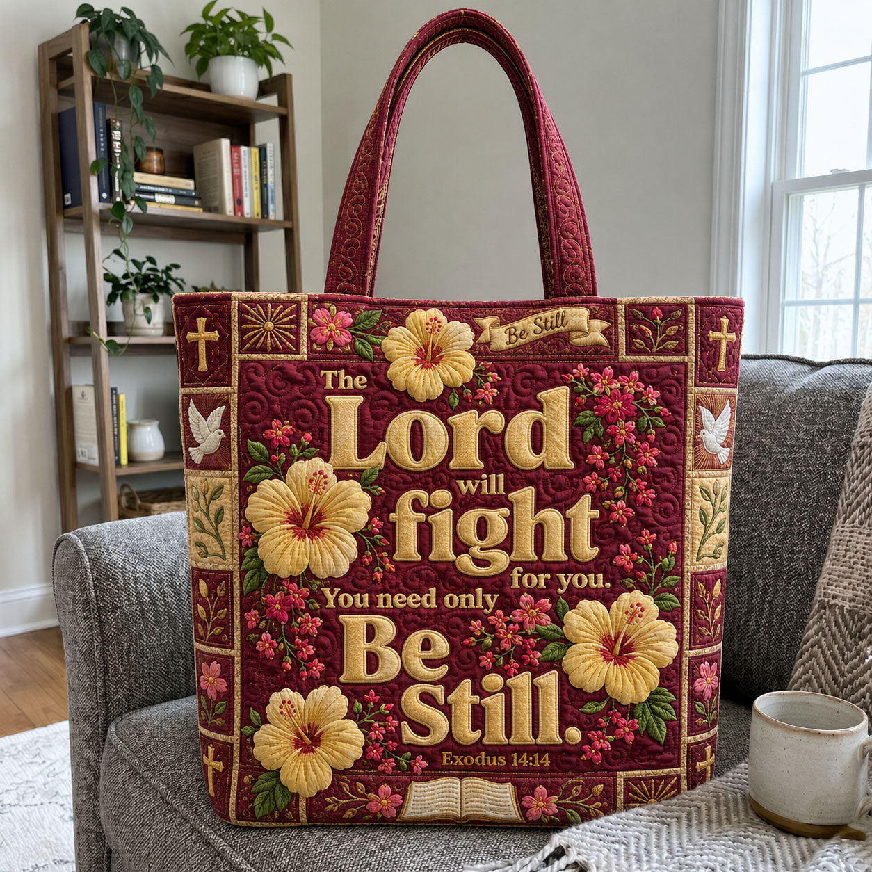 The Lord Will Fight For You Burgundy Hibiscus Quilted Tote Bag GFTOHNL1102