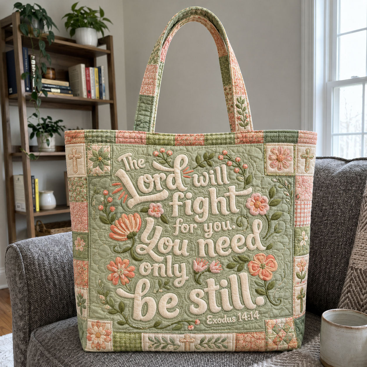 The Lord Will Fight For You Sage Floral Quilted Tote Bag GFTOHNL1105
