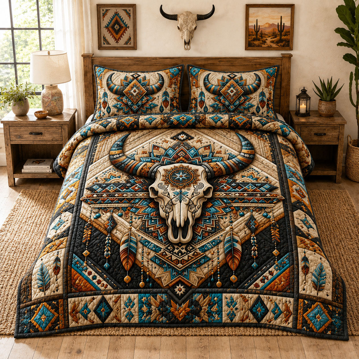 Southwestern Longhorn Skull Turquoise 3-Piece Quilted Bedding Set GFTOHNL1108