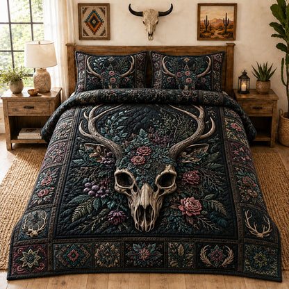Boho Floral Deer Skull 3-Piece Quilted Bedding Set GFTOHNL1109