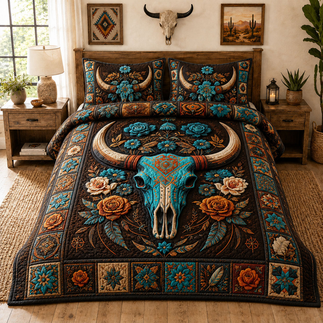 Turquoise Rose Longhorn Skull Western 3-Piece Quilted Bedding Set GFTOHNL1110