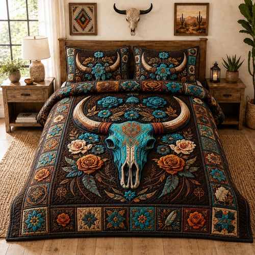 Turquoise Rose Longhorn Skull Western 3-Piece Quilted Bedding Set GFTOHNL1110