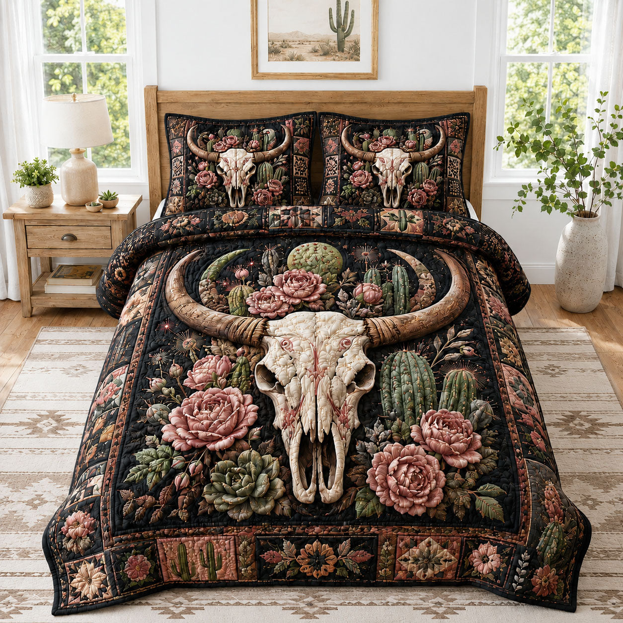 Desert Cactus Rose Longhorn Skull 3-Piece Quilted Bedding Set GFTOHNL1111