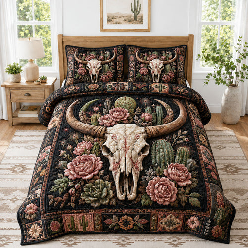 Desert Cactus Rose Longhorn Skull 3-Piece Quilted Bedding Set GFTOHNL1111