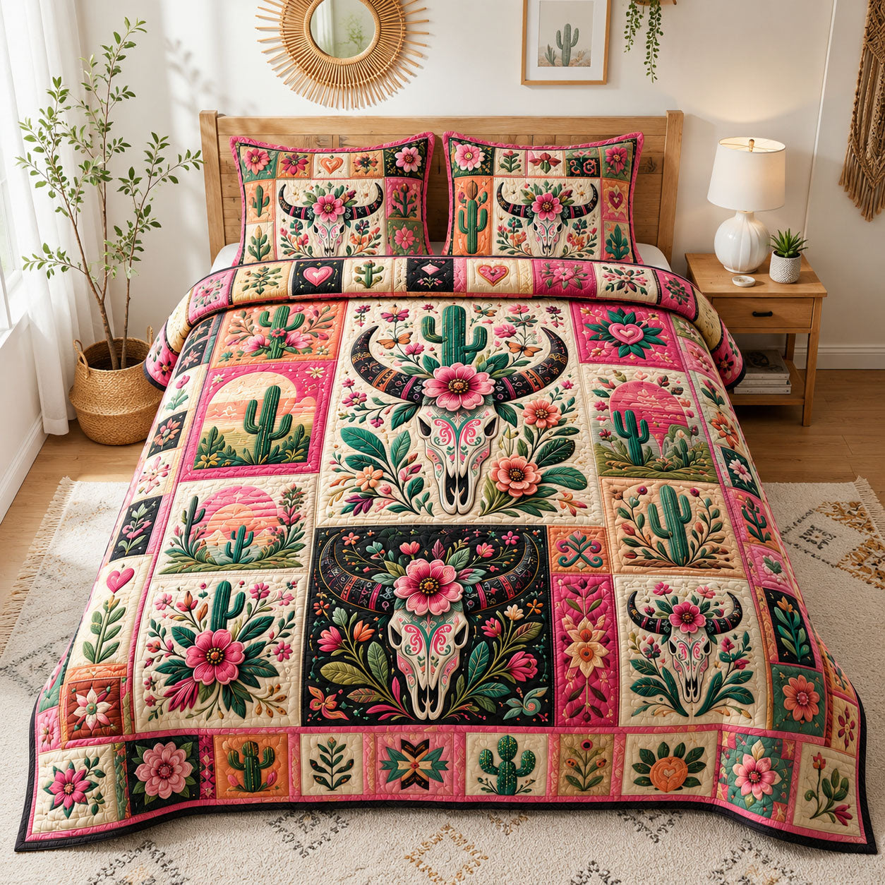 Pink Western Floral Longhorn Skull 3-Piece Quilted Bedding Set GFTOHNL1112