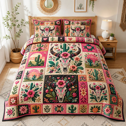 Pink Western Floral Longhorn Skull 3-Piece Quilted Bedding Set GFTOHNL1112