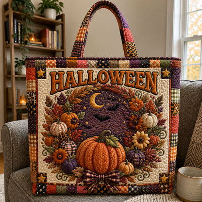 Halloween Harvest Wreath Pumpkin Quilted Tote Bag GFTOHNL1145