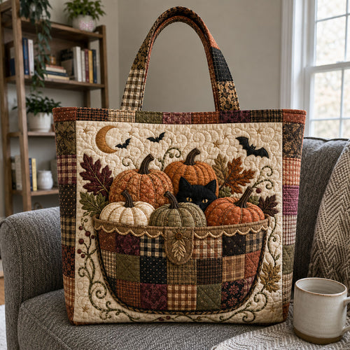 Black Cat Pumpkin Basket Autumn Quilted Tote Bag GFTOHNL1147
