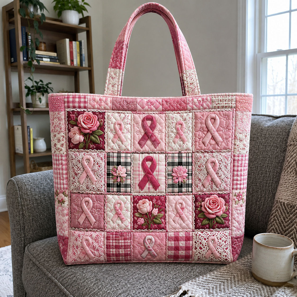 Ribbon Rose Patchwork Breast Cancer Quilted Tote Bag GFTOHNL1149