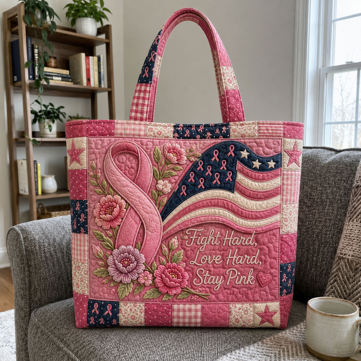 Fight Hard Love Hard Breast Cancer Quilted Tote Bag GFTOHNL1152