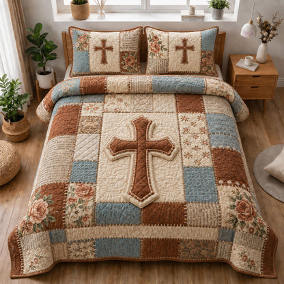 Rustic Patchwork Cross Christian 3-Piece Quilted Bedding Set GFTOHNL1155