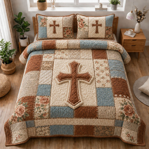 Rustic Patchwork Cross Christian 3-Piece Quilted Bedding Set GFTOHNL1155
