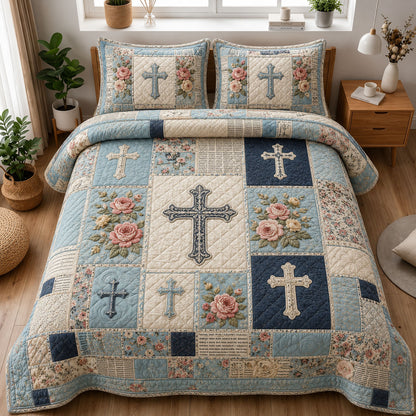 Blue Rose Cross Christian Patchwork 3-Piece Quilted Bedding Set GFTOHNL1156